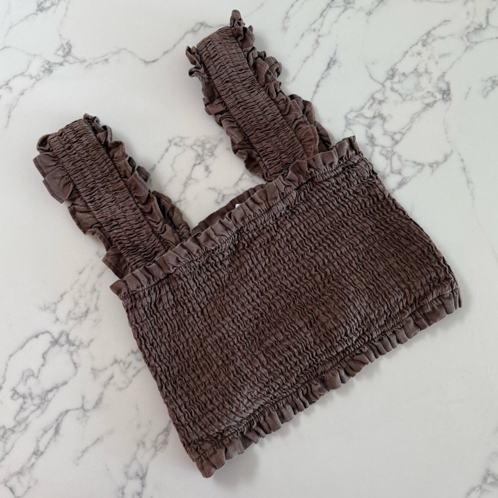 DISSH Brown Smocked Ruffle Crop Top